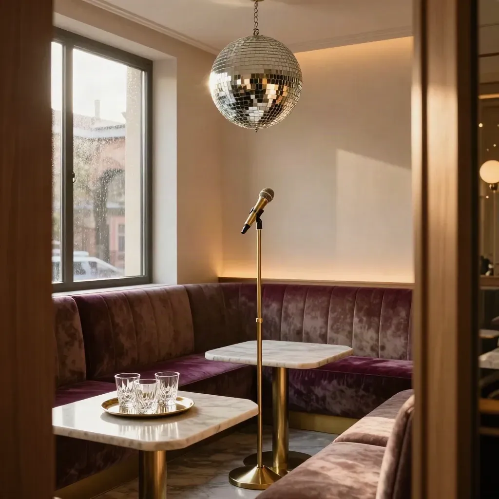 Sala privada de karaoke elegante con micrófono, bola de discoteca y luz cálida tras la lluvia.