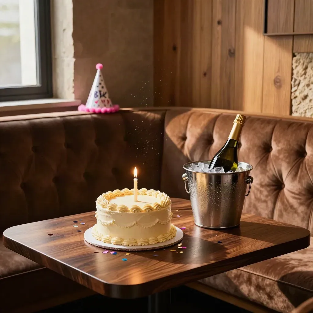 Booth de karaoke con tarta, velas, cubitera, confeti y gorro de cumpleaños en un rincón cálido.