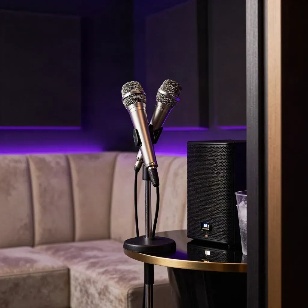Sala privada de karaoke con micros, booth de terciopelo y cubitera iluminada