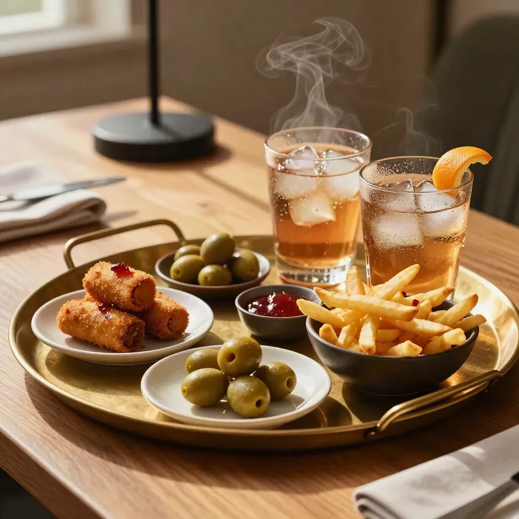 Bandeja con tapas, patatas fritas y cócteles junto a un micrófono en una sala de karaoke
