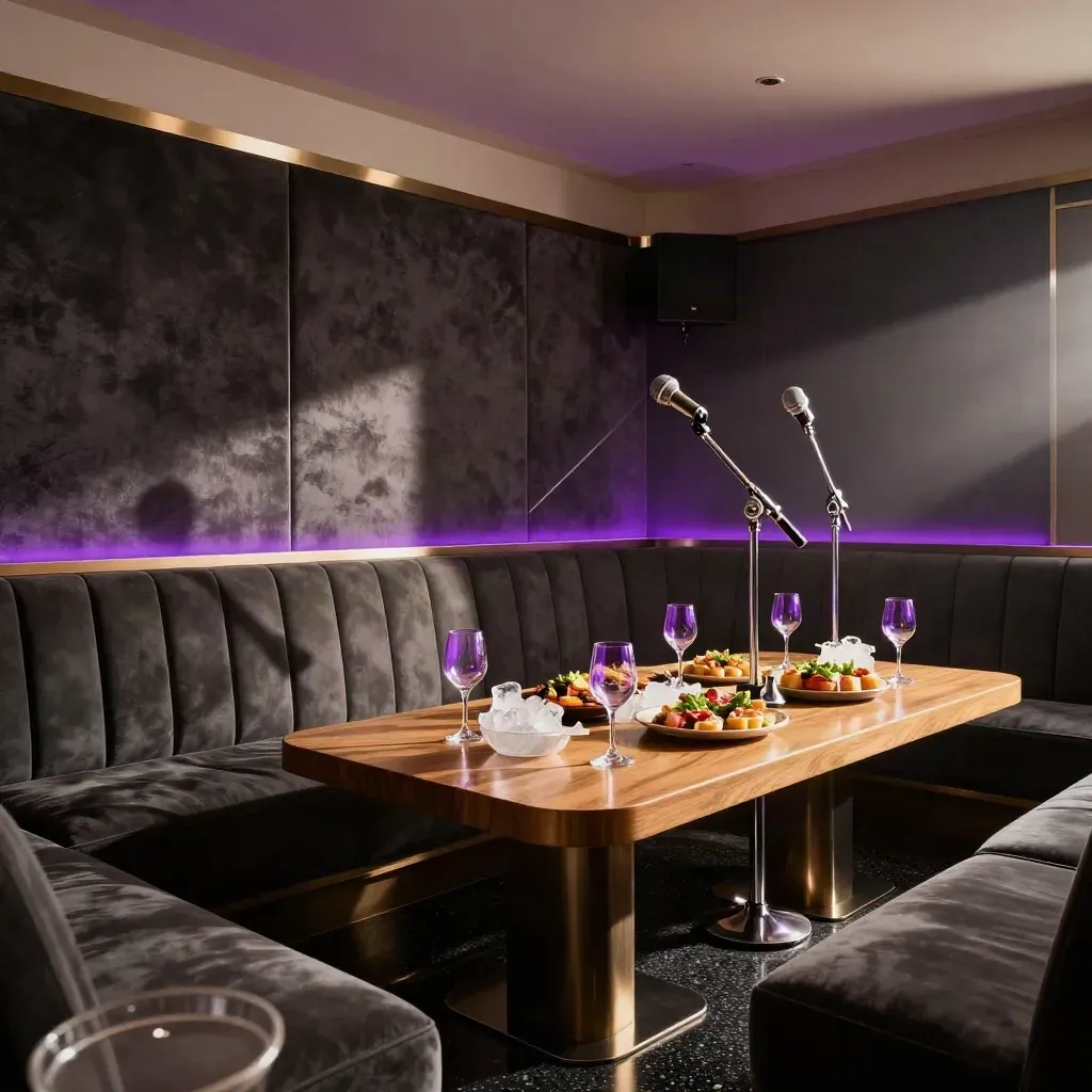 Sala de karaoke elegante preparada para afterwork, con copas, tapas y dos micros.