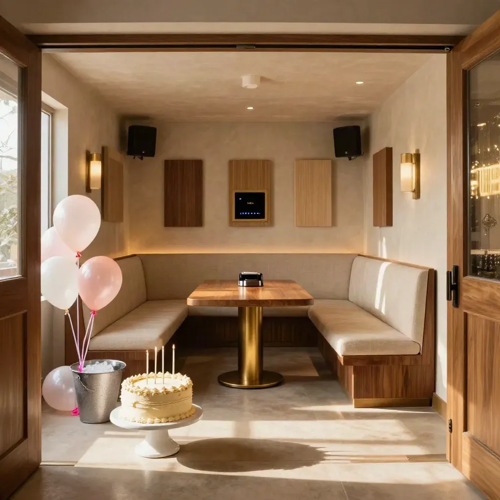 Sala privada de karaoke lista para cumpleaños, con tarta, velas y globos junto a una mesa limpia.