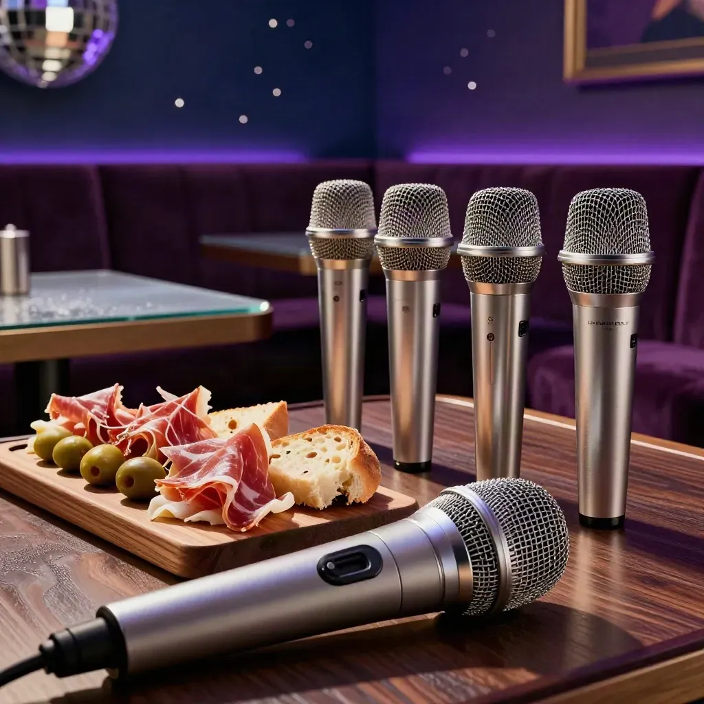Micrófonos y tapas listos en un reservado de karaoke, con reflejos de bola de espejos.