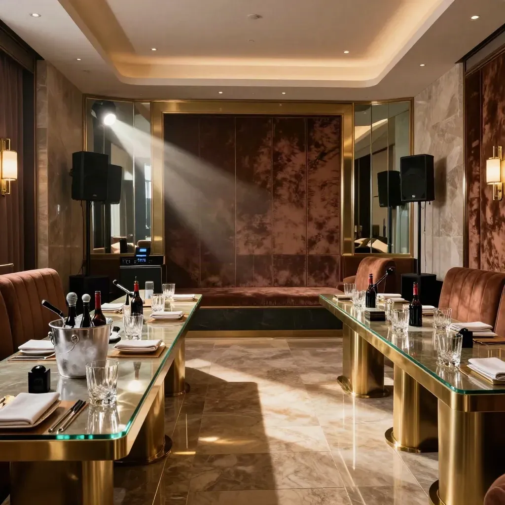 Sala privada de karaoke lista para un evento corporativo, con copas, micrófonos y luz dramática.