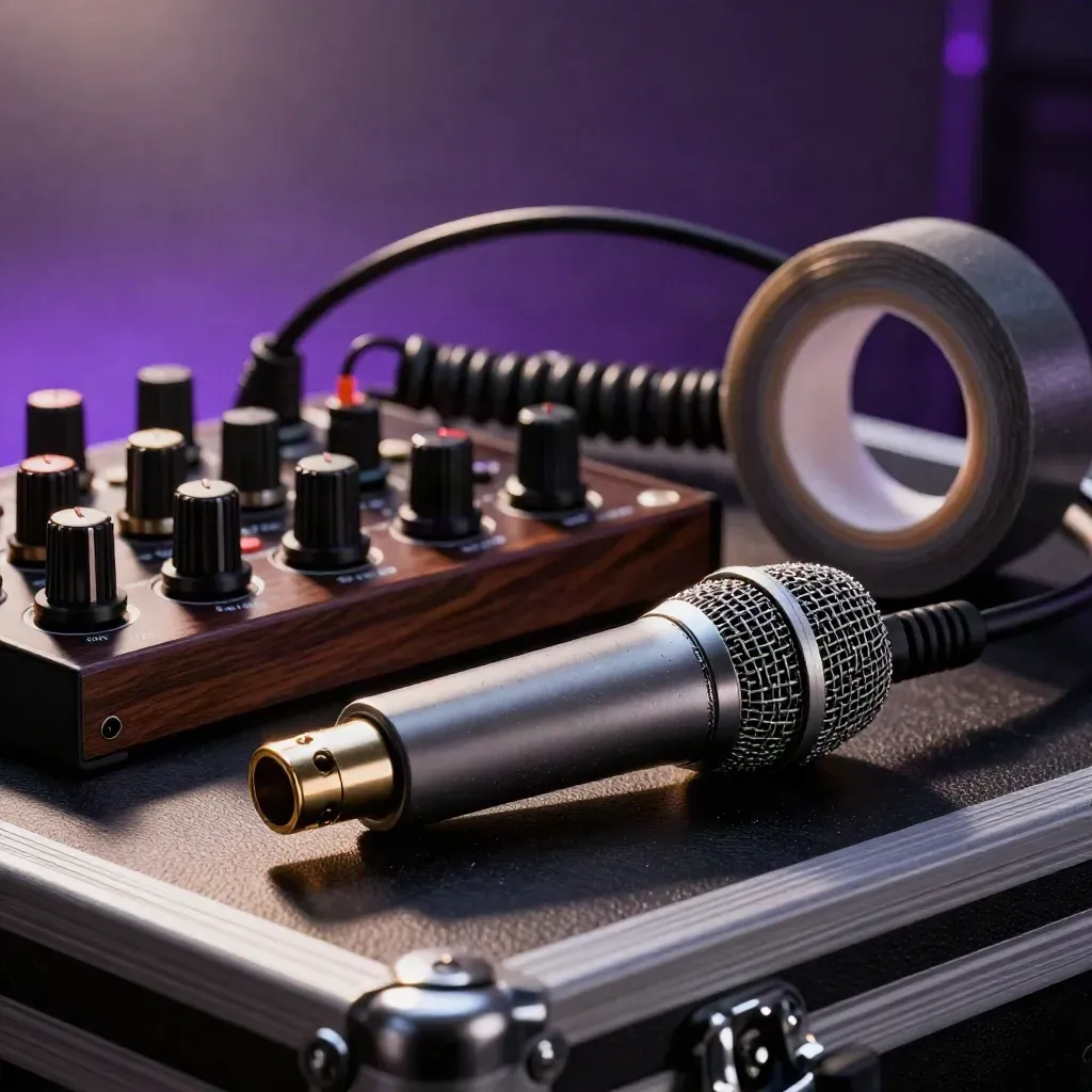 Micrófono, cable XLR, perillas de audio y cinta gaffer en luz dramática morada.
