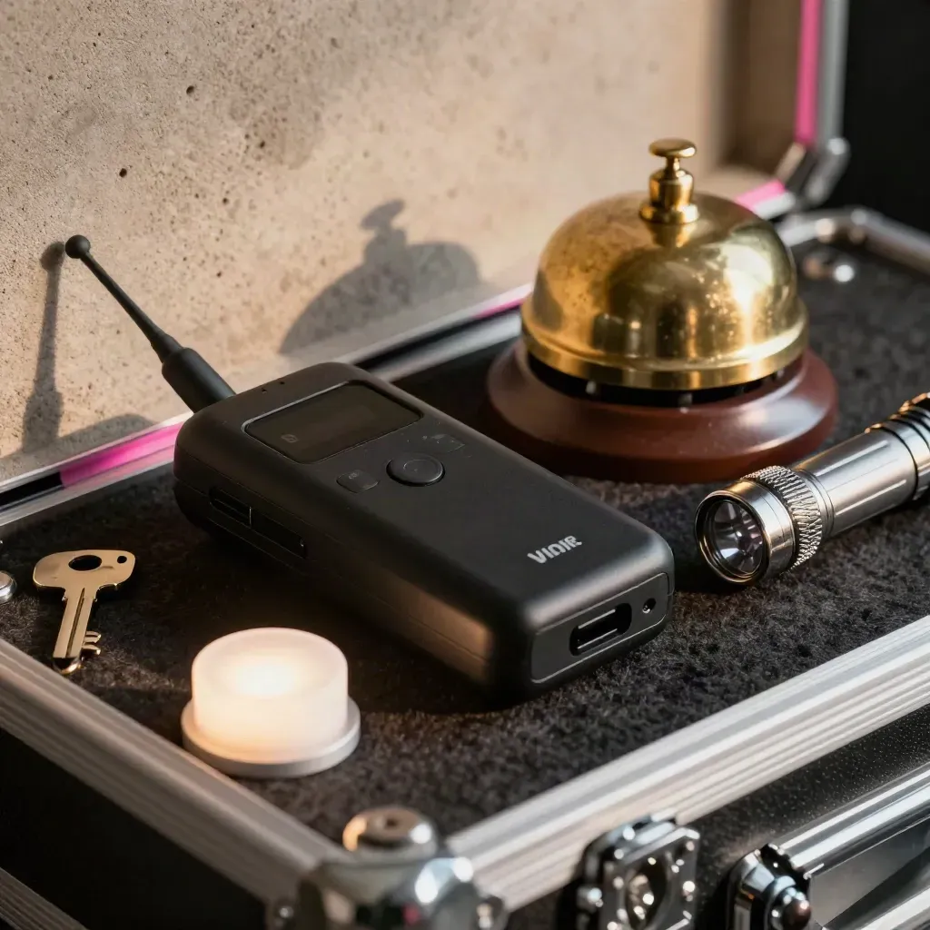 Equipo de karaoke con receptor inalámbrico, timbre de reservas y linterna sobre una superficie oscura.