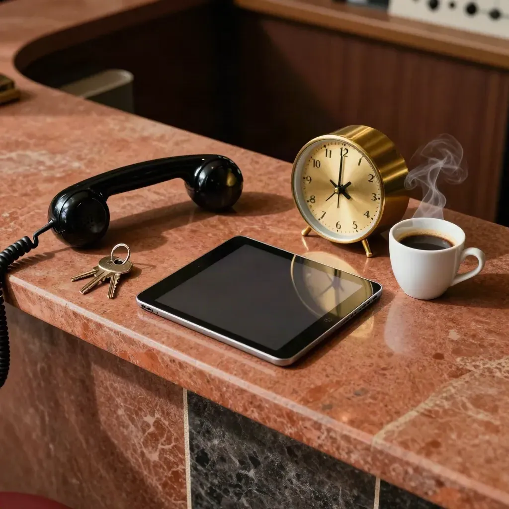 Toma cenital de un mostrador de reservas cerrado con teléfono, llaves, tableta, reloj y espresso humeante.