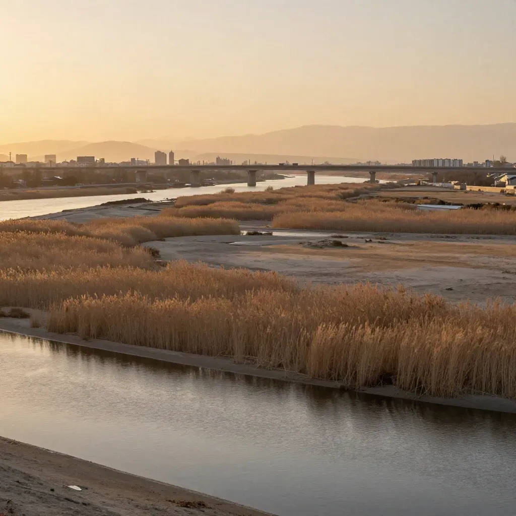 Paisaje amplio de Madrid Sur con río, puentes y naves al atardecer, cielo ámbar y luz suave.