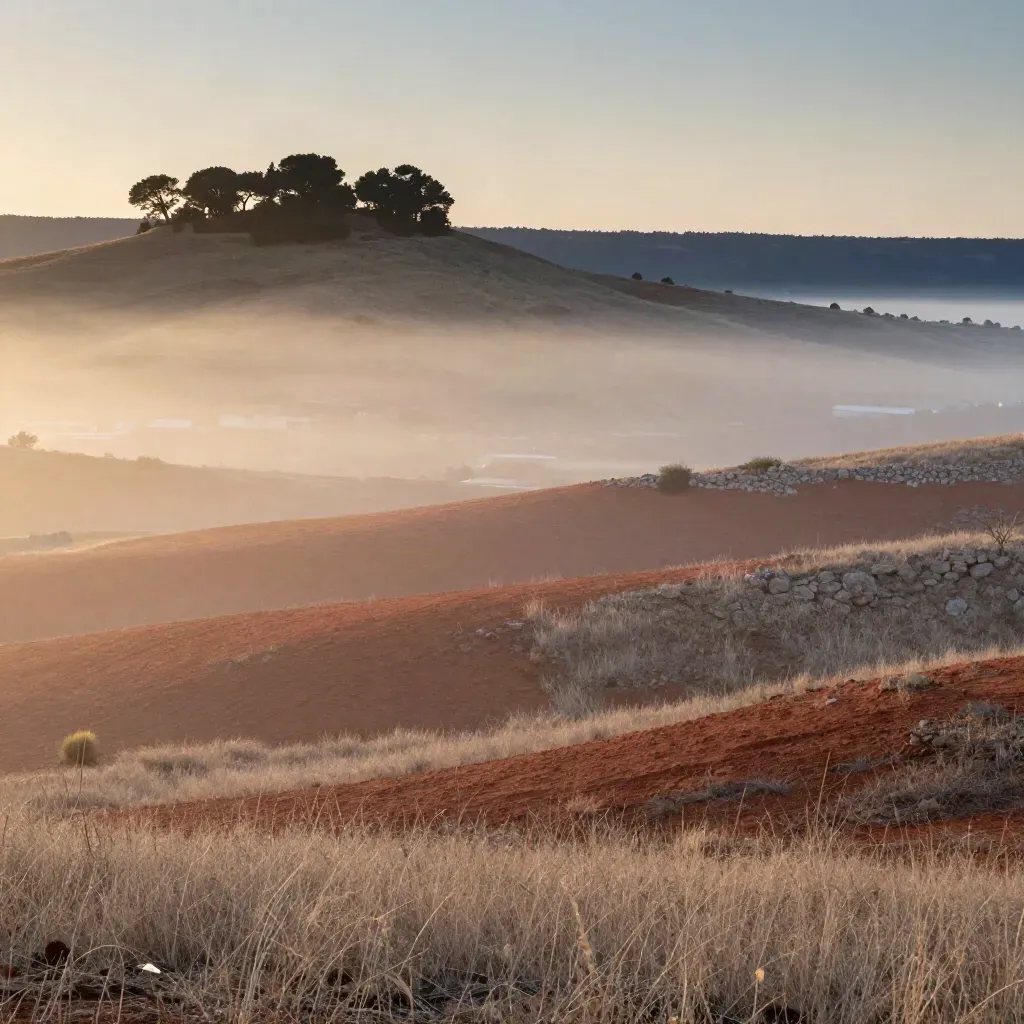 Bosque y sierra de Madrid Oeste al amanecer, con niebla suave y suelo tranquilo para texto.