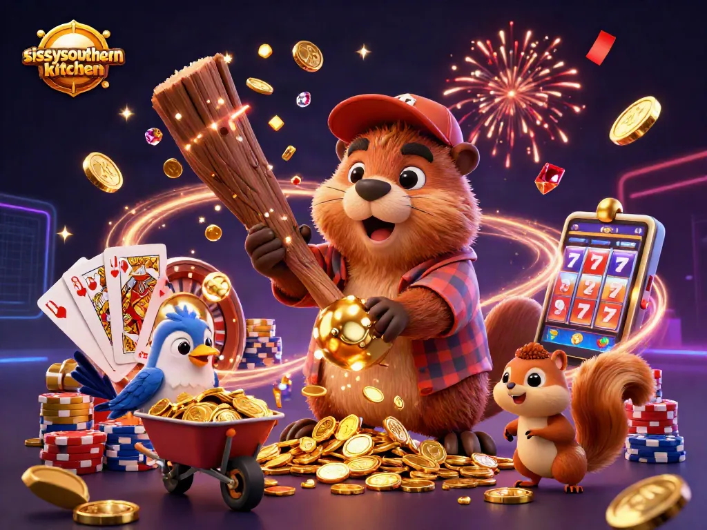 Sissyssouthernkitchen features a 3D lumberjack beaver in a casino-themed illustration, spinning roulette and collecting coins.