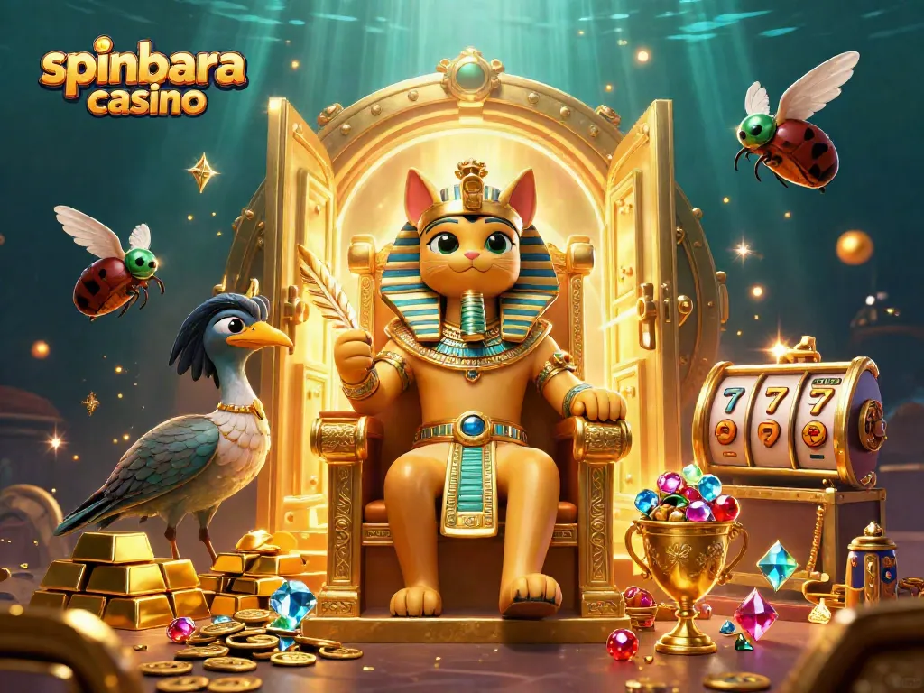 Engage with the vibrant spinbara casino in a dynamic scene filled with winning slot reels and treasure.